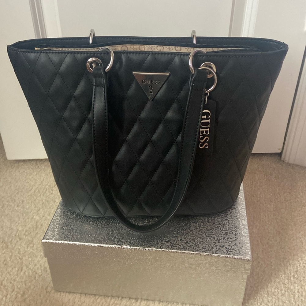 Black Guess Quilted Tote Bag